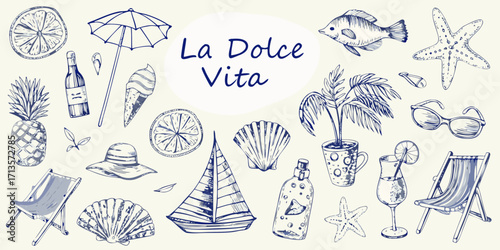 La dolce vita hand drawn sketch of summer vacation elements and beach accessories
