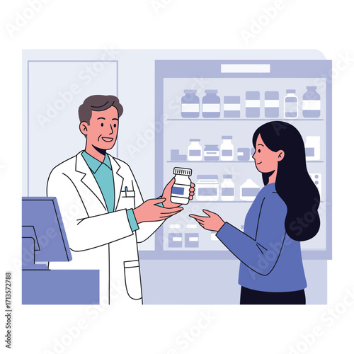 Vector art of pharmacist handing a medicine bottle to a customer in a pharmacy with shelves of medication