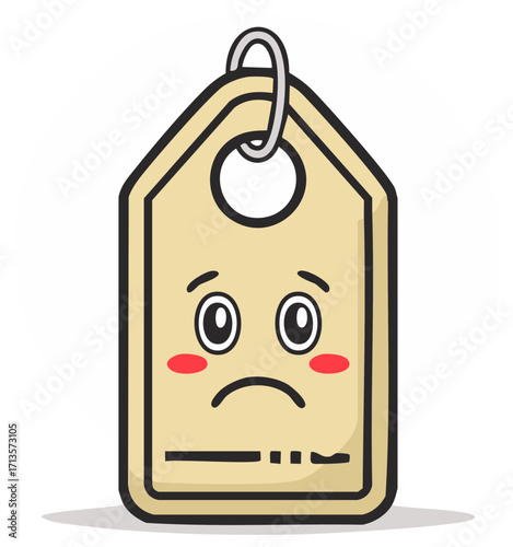 Unhappy price tag with a sad expression and red cheeks, symbolizing bargain disappointments or markdown regrets