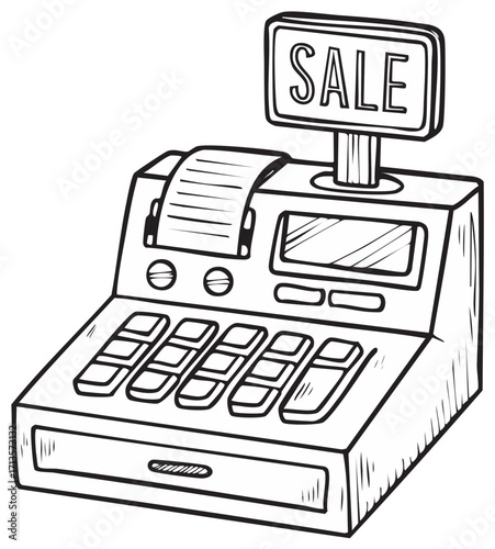 Hand Drawn Sketch of a Vintage Cash Register with a Sale Sign