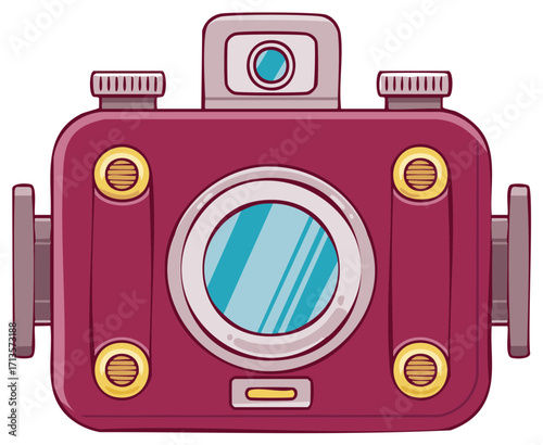 Retro style cartoon camera with large circular lens and viewfinder