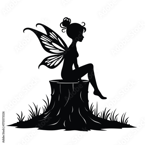 Black silhouette fairy sitting on tree stump with grass