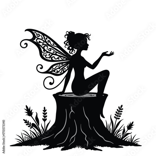 Black silhouette fairy sitting on tree stump with ornate wings