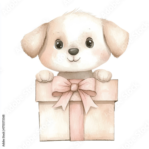 Adorable puppy peeking over a gift box with a pink bow.
