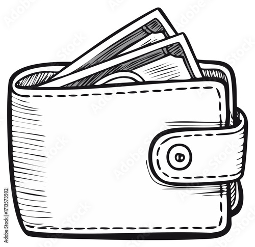 Hand drawn illustration of a wallet filled with money bills, concept of finance and wealth