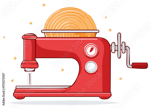 Vintage red pasta maker designed like a sewing machine cartoon illustration