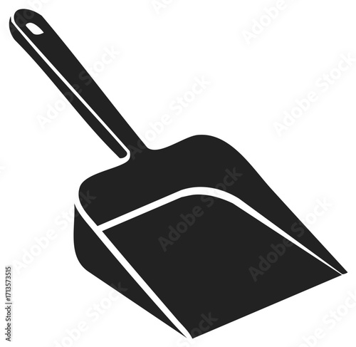 Black plastic dustpan with handle for collecting dirt or waste after sweeping the floor at home, office and other indoor spaces