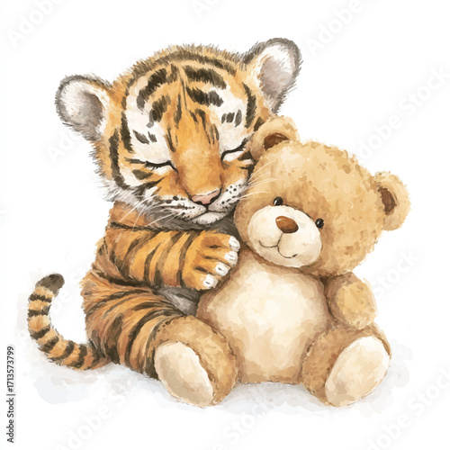 Adorable tiger cub gently hugging teddy bear.