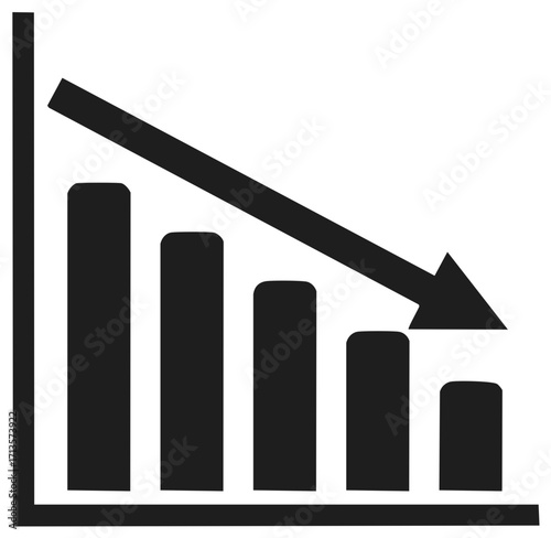 Black bar graph with downward trend arrow and declining bars signifying recession