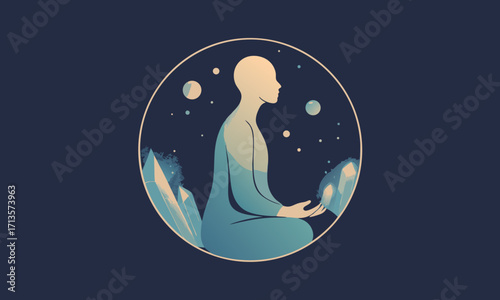 Cosmic scene with hand reaching towards celestial body and crystals.