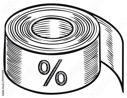 Engraved style illustration of a roll of tape with a percent symbol for sales and discounts