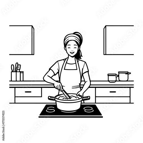 Black and White Vector Illustration of a Smiling Woman Cooking in Kitchen with Apron and Headband