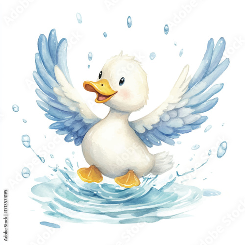 Adorable watercolor duckling with blue wings splashing joyfully.