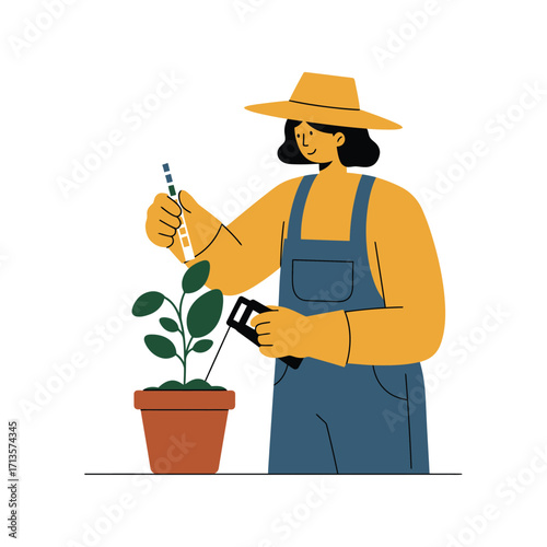 Vector art of gardener in a straw hat and overalls watering a small plant in a pot