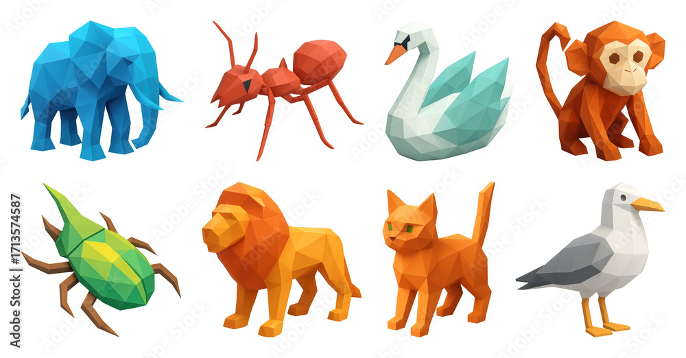Obraz premium PNG Colorful low-poly animal figures, element set on transparent background