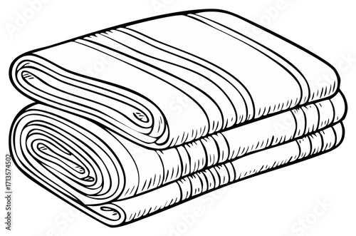 Stack of folded and rolled blankets and fabric rolls with striped pattern