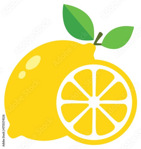 Bright yellow whole lemon with green leaves and a fresh juicy citrus fruit slice
