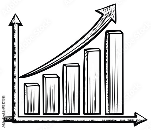 Growing Chart: Upward Arrow and Bar Graph Illustration for Business Growth, Hand Drawn Doodle Style