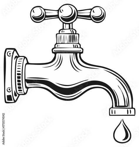 Detailed vector illustration of a classic faucet with a water drop, black and white outline.