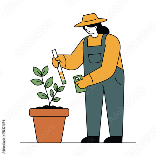 Vector art of gardener in overalls and hat tending to a potted plant with fertilizer
