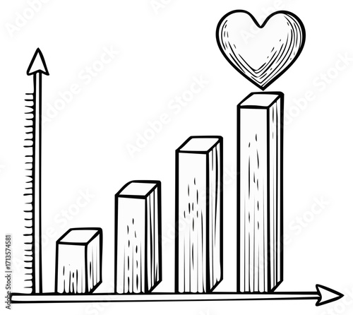 Upward trending bar graph doodle with heart symbol indicating growth and affection