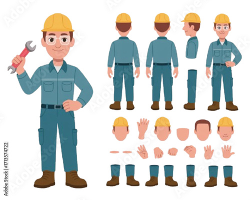 Construction worker character design with multiple poses and expressions