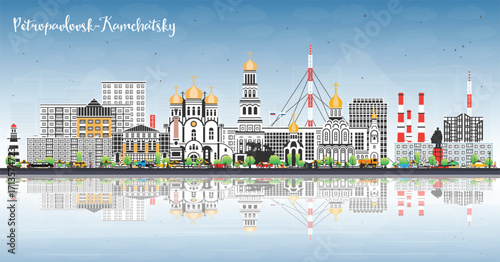 Petropavlovsk-Kamchatsky Russia city skyline with color buildings, blue sky and reflections. Cityscape with landmarks. Tourism concept with modern and historic architecture.