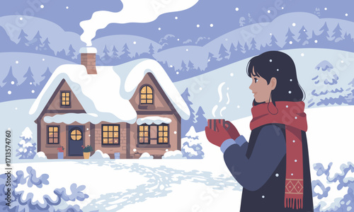Cozy winter scene with a woman holding a warm drink outside a snowcovered house.