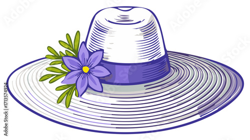 Elegant summer sun hat with a wide brim and purple flower in a vintage hand drawn style