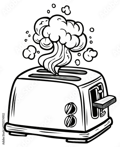 Smoking kitchen toaster with dramatic cartoon smoke plume black and white illustration