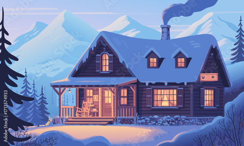 Cozy winter cabin nestled among snowcovered mountains and pine trees.