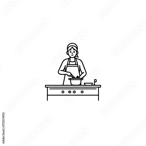 Black and White Vector Illustration of a Smiling Woman Cooking in Kitchen with Apron and Headband