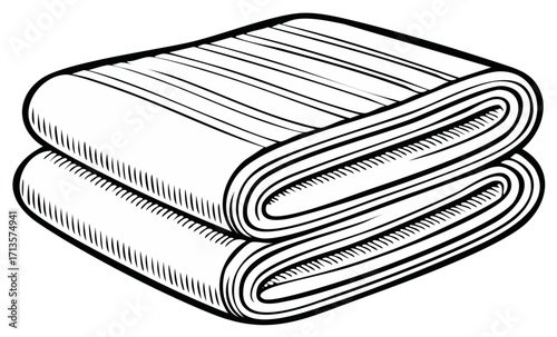 Stack of folded towels, monochrome line art illustration for textile or laundry concepts, fabric graphic element for design.