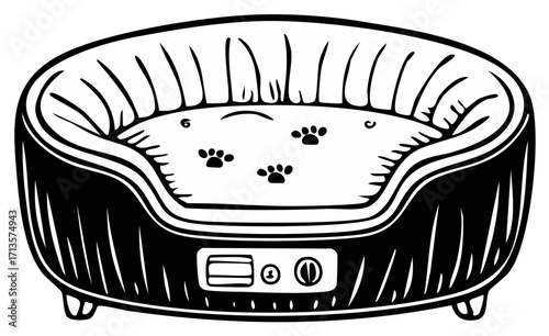 Vector drawing of an electric pet bed with paw prints for cat, puppy, small dog, or other animals.