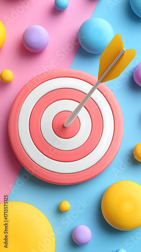 Bright Target With Dart on Colorful Background Surrounded by Playful Spheres During a Creative Design Session