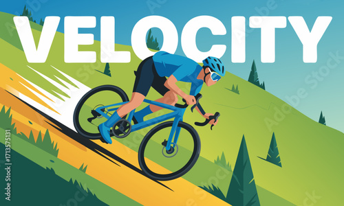 Cyclist in motion embodying speed and the word VELOCITY.