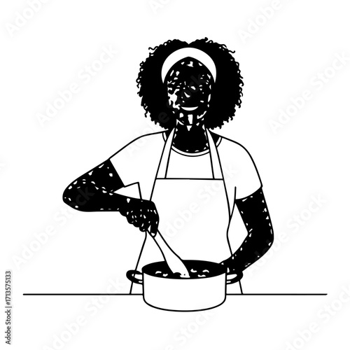 Black and White Vector Illustration of a Smiling Woman Cooking in Kitchen with Apron and Headband