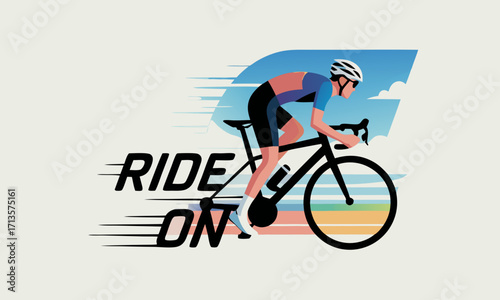 Cyclist in Motion with Ride On Text.