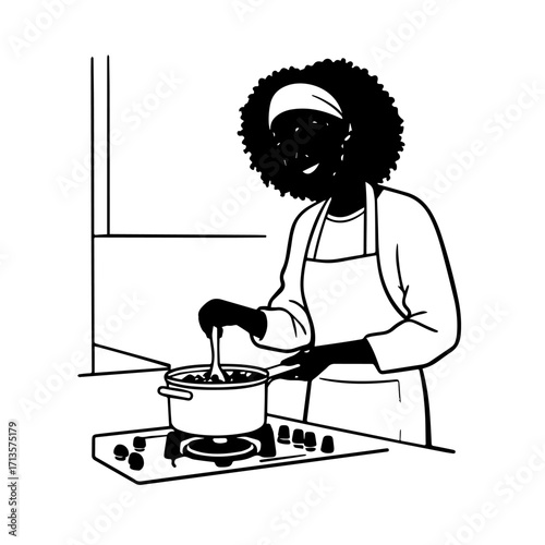 Black and White Vector Illustration of a Smiling Woman Cooking in Kitchen with Apron and Headband