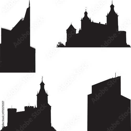 European medieval castle fortress and modern building silhouettes