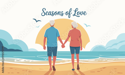 Elderly couple holding hands walking on beach at sunset.