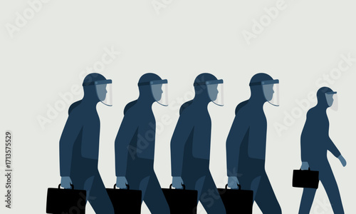 Figures in protective suits and face shields walking with briefcases.