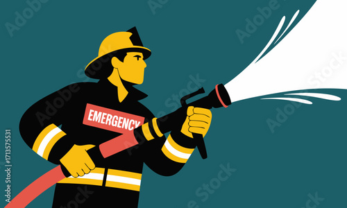 Firefighter in Uniform Spraying Water from Hose with Emergency Label.