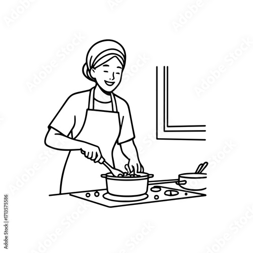 Black and White Vector Illustration of a Smiling Woman Cooking in Kitchen with Apron and Headband