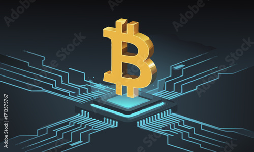Golden Bitcoin Symbol Rests on Futuristic Circuit Board.