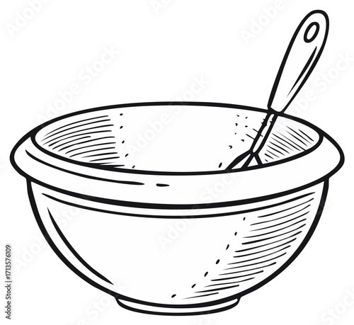 Sketch Illustration: Empty bowl with whisk, culinary utensil drawing for baking recipe element