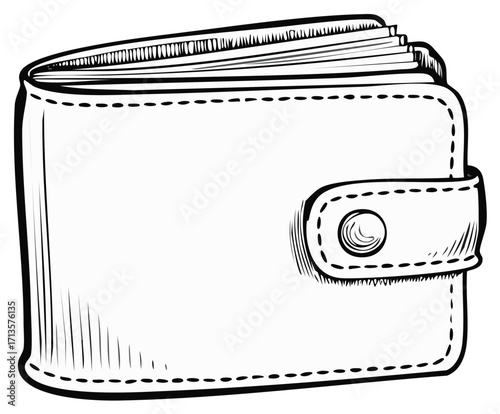 Sketch style leather wallet illustration with button snap closure