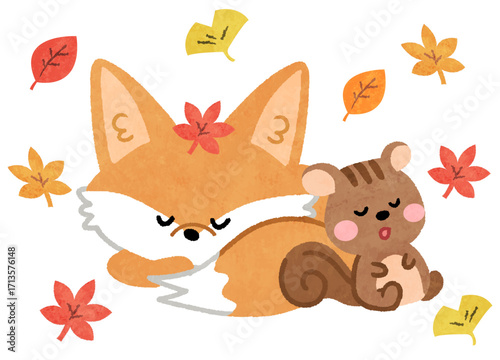 秋の紅葉のなかで眠るかわいいキツネとリスの動物アイコンイラスト