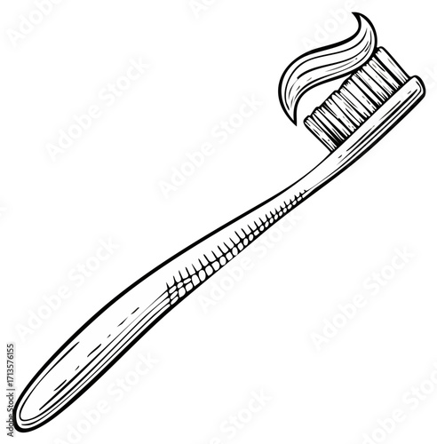 Toothbrush with toothpaste hand drawn, engraved, ink, vector illustration, isolated