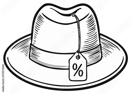 Classic Fedora Hat with Percentage Discount Tag Black and White Hand-Drawn Illustration